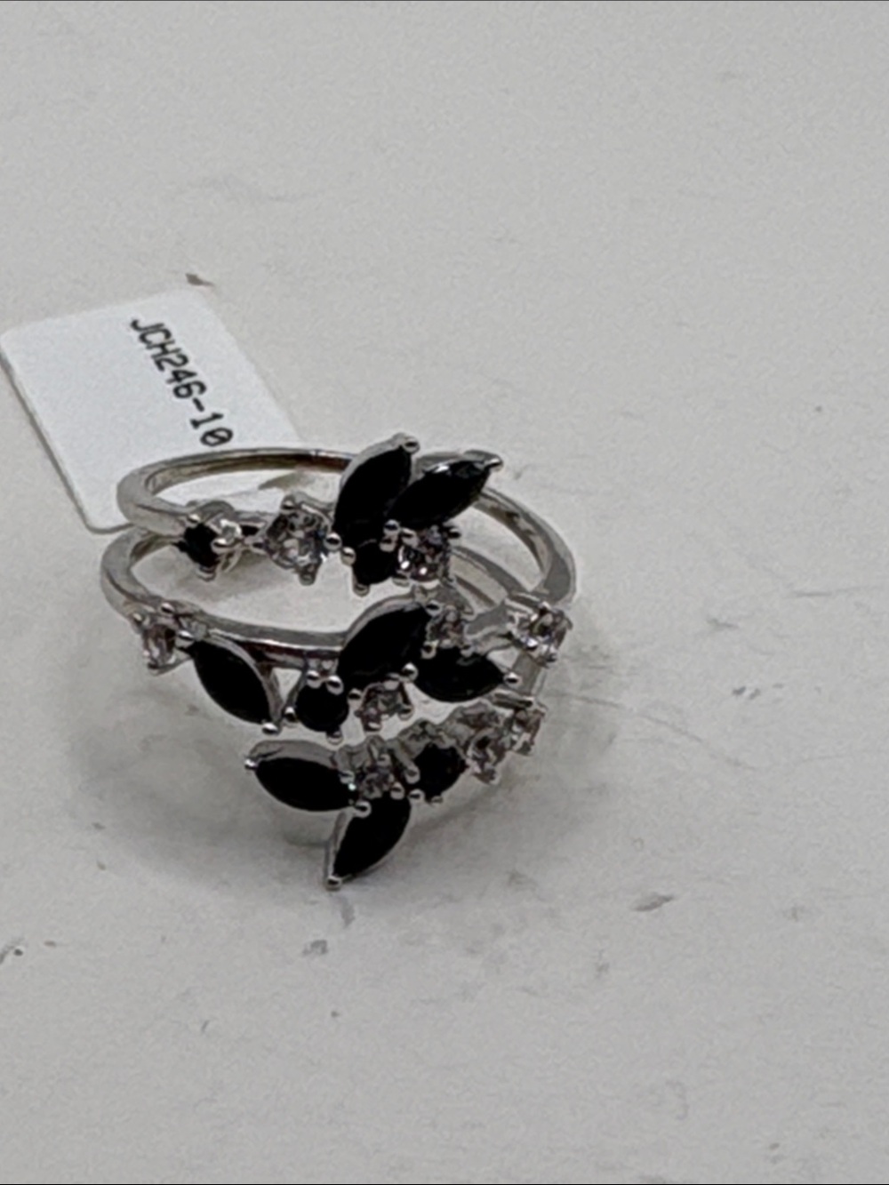 Silver Floral Ring with Black Marquise Accents - Women Jewelry size 10